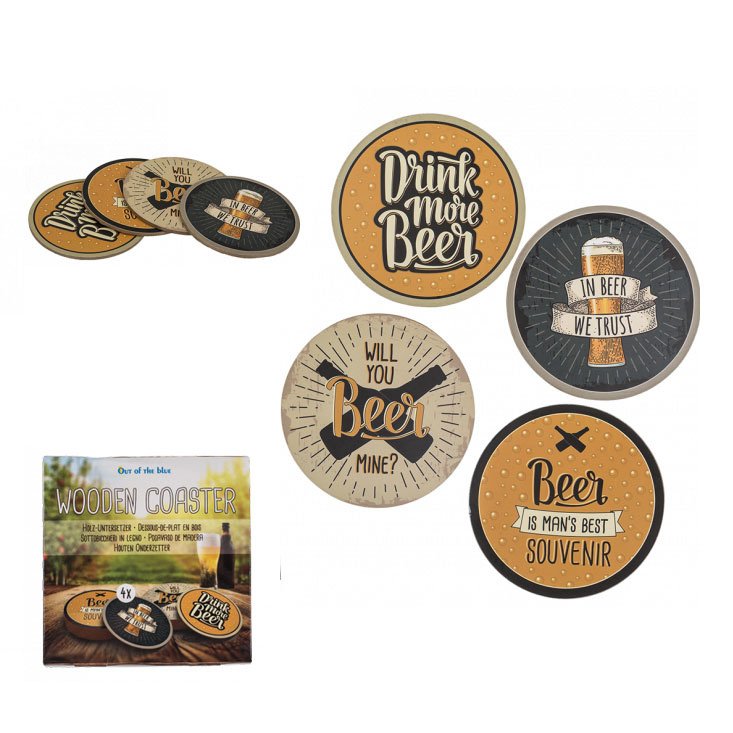 Houten Onderzetters - Bier Slogans - Set van 4 verschillende